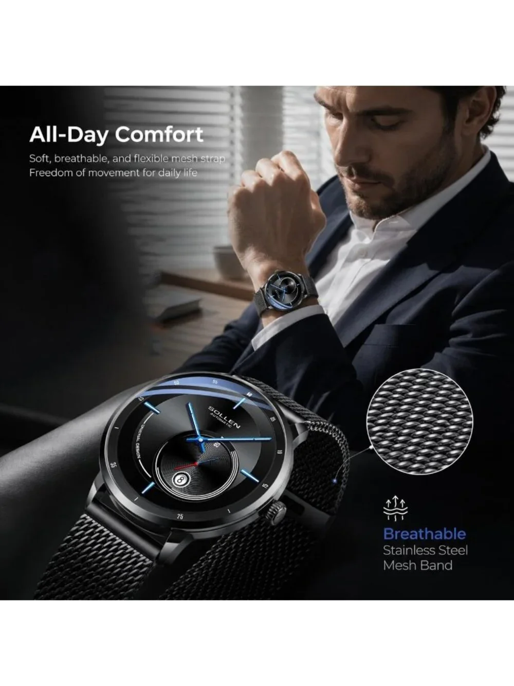Men's Black Automatic Mechanical Minimalist Dial Stainless Steel Luxury Watch